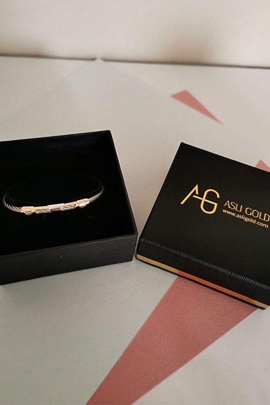 Altın Rose Gold Detaylı Çelik Erkek Bilezik